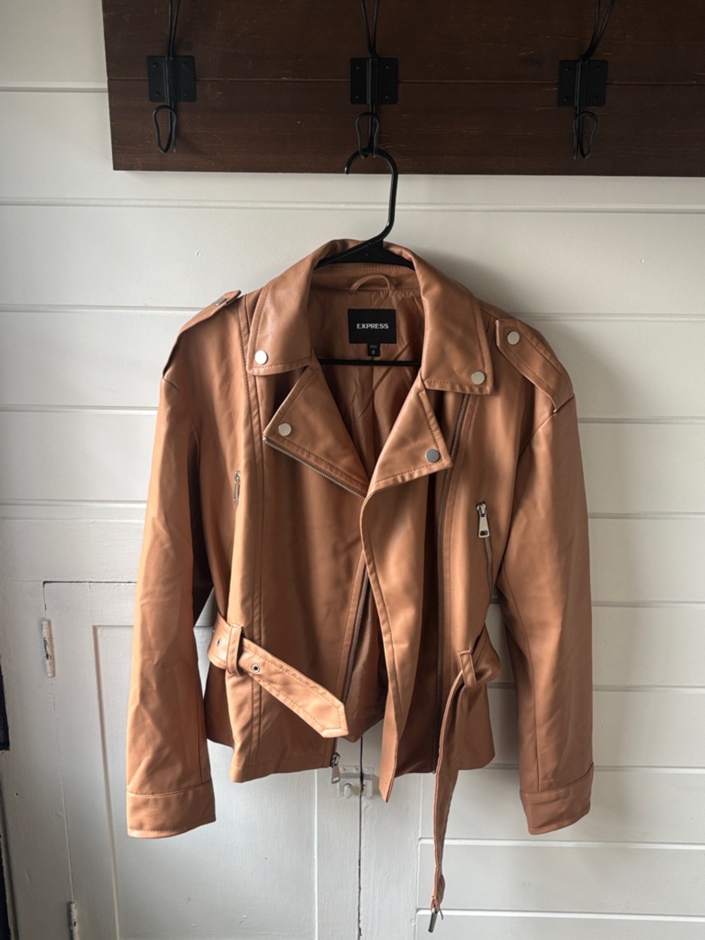 Express Tan Faux Leather Moto Jacket with Belted Waist